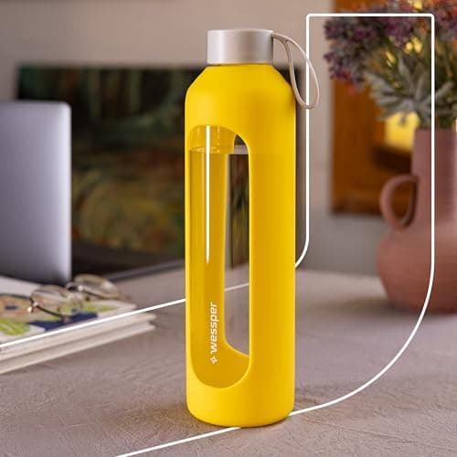 Wessper Glass Water Bottle 1L with Time Markings, BPA-Free Drinking Motivation Borosilicate Water Bottle, Airtight Glass Bottle with Bamboo Lid, Reusable with Silicone Case - Yellow — view 5