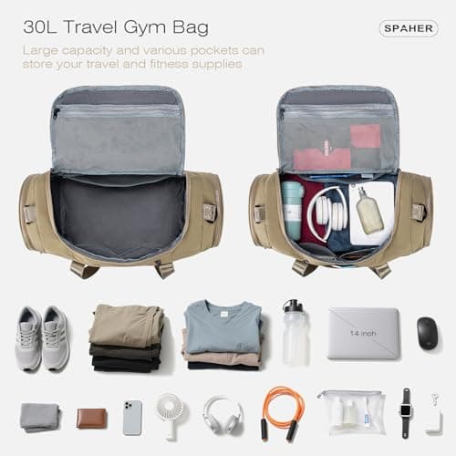 SPAHER Travel Sports Gym Duffle Bag with Shoes Compartment and Wet Pocket Waterproof Weekend Overnight Bag Women with Insulated Pocket Holdall Bag for Swimming Yoga Travel, Khaki — view 5