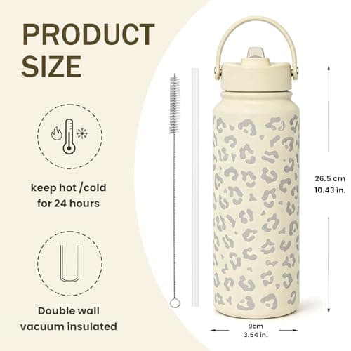 Bryxora Insulated Water Bottle with Straw Lid (800ml) - 24 Hours Cold - Iced for 48 Hours - Leakproof - BPA Free - Easy to Carry - Vacuum Insulated Double Walled Stainless Steel Flask (Cream Leopard) — view 2