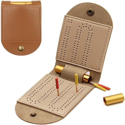 GANCEI Portable Leather Cribbage Board with Dual Track Layout, Foldable Travel Game Set Including 4 Pegs and Case, Indoor Entertainment for Nights, Compact