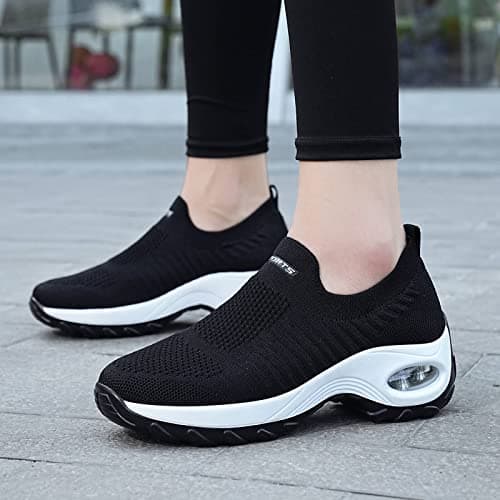 Womens Slip On Ladies Trainers Walking Shoes Lightweight Running Shoes Air Cushion Wedge Platform Shoes Black White UK 5 — view 2