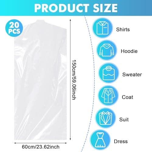 TranRantic 20 PCS Clear Dry Cleaning Bags, 60X150cm Plastic Clothes Covers — view 2
