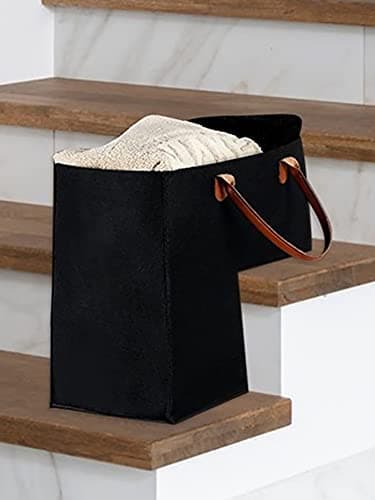 Keyohome Foldable L-shape Stair Basket Organiser, Large Stair Storage Organizer, Large Stair Tidy Basket Storage, Felt Stair Storage Bag with Faux Leather Handles for Laundry Toys Household (Black) — view 4