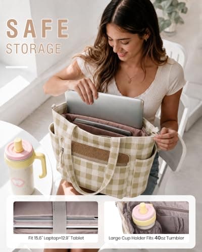 Kasgo Corduroy Tote Bag for Women, 15.6" Laptop Work Bag, Khaki Checkered — view 5