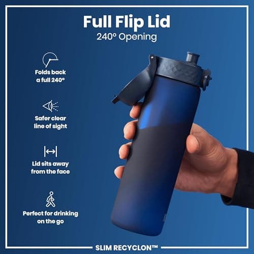 Ion8 Water Bottle, 500 ml/18 oz, Leak Proof, Easy to Open, Secure Lock, Dishwasher Safe, BPA Free, Hygienic Flip Cover, Carry Handle, Fits Cup Holders, Easy Clean, Odour Free, Carbon Neutral, Navy — view 4