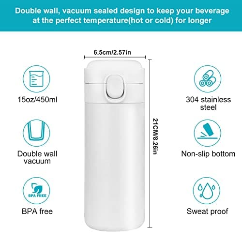 YINJAM 450ML Travel Mug Reusable Coffee Cup Insulated Thermal Mug Stainless Steel Leakproof Flask Tumbler for Hot Cold Drinks (White) — view 6