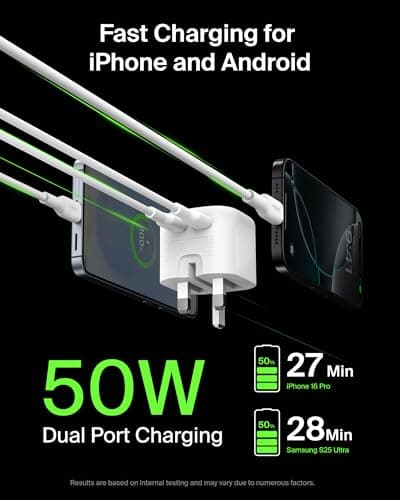 Belkin 2-Port USB-C Plug 50W, Dual-Port GaN Charger with 2x USB C Ports, Fast Charging for MacBook, iPhone 16, iPad Pro, Chromebook, Galaxy S25 Ultra, Pixel 9, etc. - Travel Essentials - White — view 4