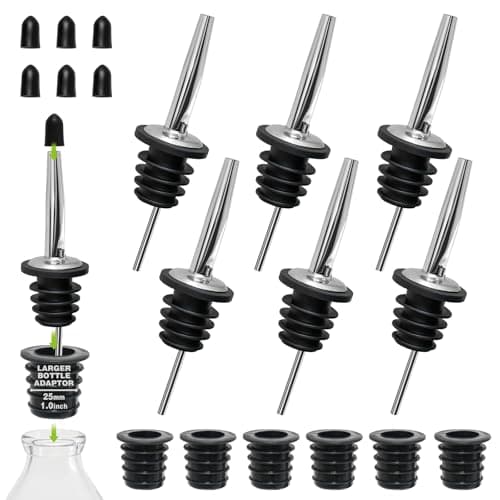 BALTRE 6-Piece Bottle Pourers Set with 6 Adapters, Conical Rubber Seal, Conical Pourers and Dispensers for Wine, Spirits, Olive Oil, Coffee, Syrup