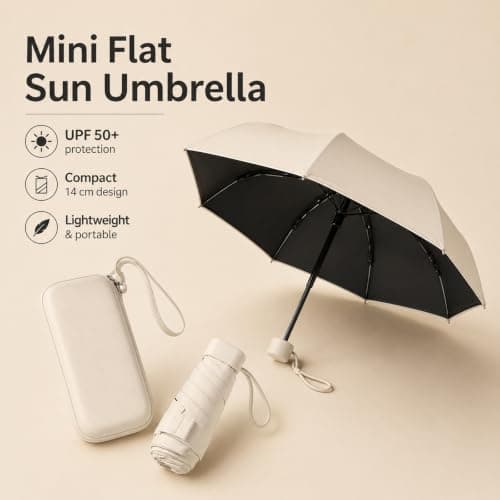 WHJYCC Mini Travel Umbrella, UPF 50+, 6-Rib, Beige, with Zip Case — view 2