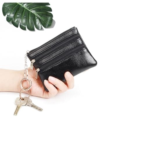 Gadom Small Coin Purse, Leather Wallet for Woman, Zipper Coin Pocket Small Ladies Purse with 3 Compartments & Keychain, Lightweight, Easy to Carry (Black) — view 6