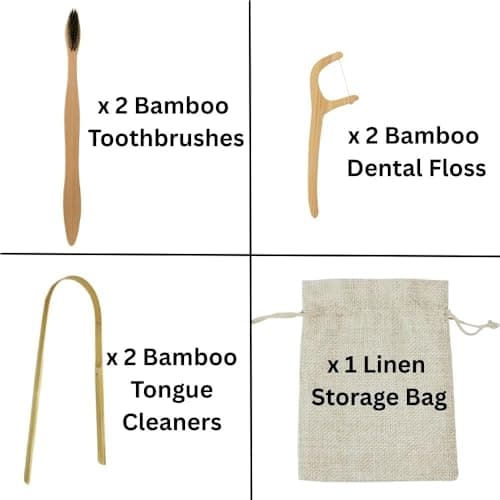 Bamboo Wooden Oral Hygiene Kit – Eco Friendly Biodegradable Organic Dental Kit with 2 x Bamboo Toothbrushes, Tongue Cleaners, Dental Floss & Linen Storage Bag – Travel Kit & Gift Set — view 2