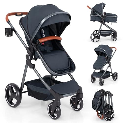 GYMAX Foldable Baby Stroller, All in One Toddler Pushchair with Adjustable Backrest/Canopy and Storage Bag, Portable Convertible Buggy Pram for Newborns (Dark Blue, with footmuff: 89 x 58 x 101 cm)