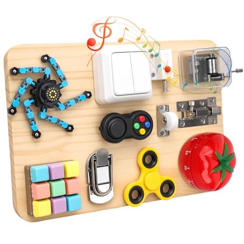 Busy Board Toy for Toddlers, Wooden 11 in 1 Montessori Educational Fidget Sensory Toys for Stress Relief, 27cm Activity Board for Kids Preschool Learning, Car Airplane Travel Birthday Desk Gift