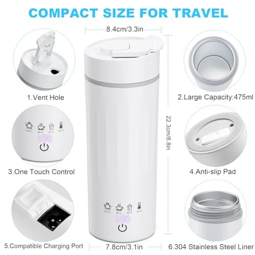 Flintronic Small Electric TravelKettle, 475ml Portable Water Boiler with 4 Variable Presets, Auto Shut-Off & Boil Dry Protection, White — view 2