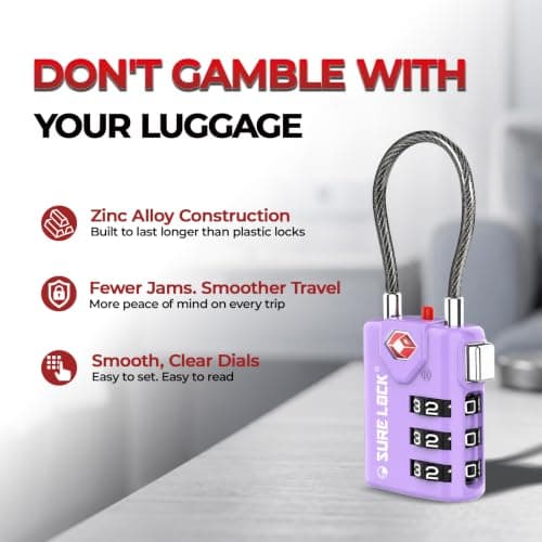 Sure Lock TSA Compatible Travel Luggage Locks, Inspection Indicator, Easy Read Dials TSA Approved with Zinc Alloy, Purple 2 Pack, Earnest — view 6