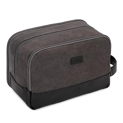 WANDF Toiletry Bag for Men, Travel Wash Bag with Handle, Water-Resistant Canvas Shaving Organiser, SBS Metal Zipper Dopp Kit for Makeup Bathroom Gym (Dark Grey)
