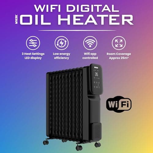 MYLEK Oil Filled Radiator Portable Smart Heater 2.5KW WiFi App Enabled, 3 Heat Settings, Timer, LED Display, Energy Electric Efficient, Safety Tip Over Protection (Black 2500W) — view 2
