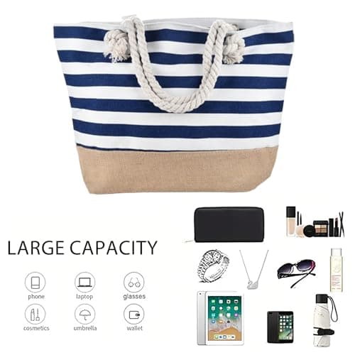 SSKHE Waterproof Beach Bag for Women Beach Bag with Zipper,Summer Tote Bags Canvas Stripe Travel Bag Reusable Shopping Shoulder Handbags for Gym Pool Picnic Holiday Essentials(48×35×17cm) Blue — view 5