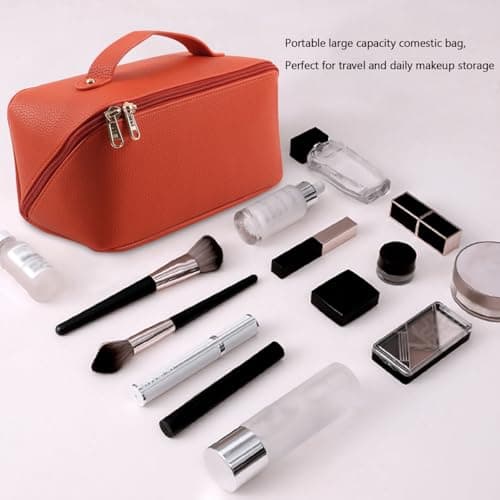 MAMUNU Large Capacity Cosmetic Travel Makeup Storage Bag with Handle Portable Zipper Cosmetic Toiletry Makeup Bag Large with Compartments for Women Girls (Orange) — view 4