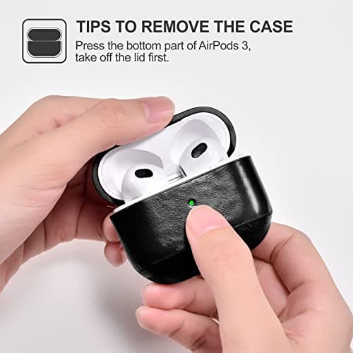 Case for AirPods 3 2021, ICARER Premium Genuine Leather Portable Shockproof Protective Case Cover for Apple AirPods 3 2021 Earphones Charging Case (LED Visible) Support Wireless Charger (Black) — view 4
