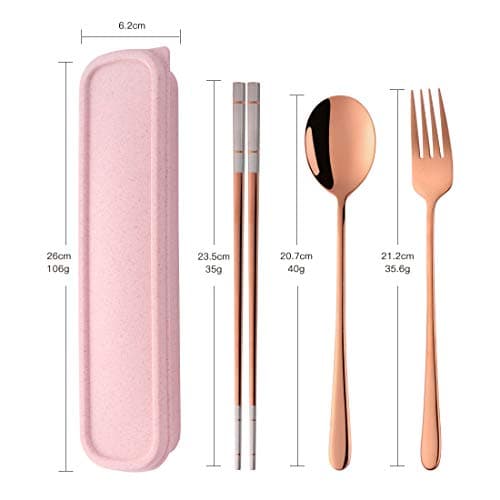 SBOMHS 18/10 Stainless Steel Portable Cutlery Chopsticks Spoon Fork Set with Case for School Home Office Camping Travel Outdoor Rose Gold — view 2
