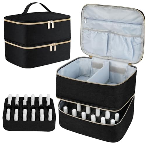 LOPHE Double-Layer Nail Polish Organiser, Double-Layer Travel Bag Storage Bags for 30 Bottles Nail Polish Lipstick and Nail Lamp, Portable Vanity Case with Nail Supplies Storage Sections (Black)