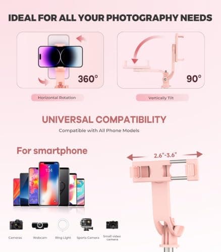 RISEOFLE Phone Tripod & Selfie Stick, 180cm Aluminum All in One Extendable Tripod for Smartphone, Portable Travel Tripod Stand with Wireless Remote Control for iPhone/Samsung/Android/Camera-Pink — view 5