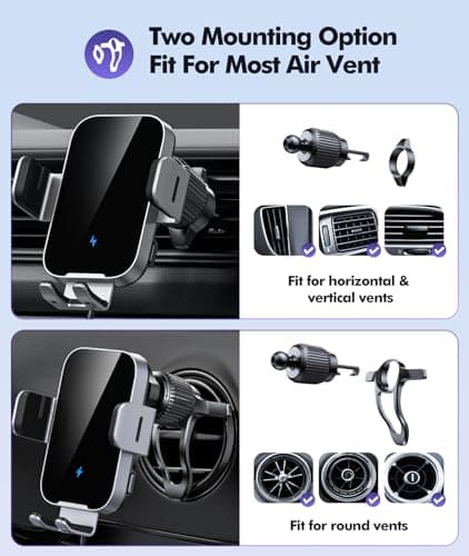 ISEYOU Car Phone Holder Wireless Charger, 15W Fast Charging Auto Clamping Wireless Car Charger, 360° Rotation Air Vent Mount With Electric Sensor Compatible For iPhone 17 16 15 Pro Max, Samsung Galaxy — view 5