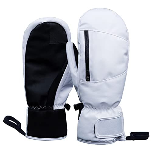 Bseical Ski Mittens Women Waterproof, Golf Mitts Men, Gloves Ladies, Thermal Touch Screen, Cotton Winter Touchscreen Unisex With Zip Pocket Sport Cycling Mtb Running Extra Warm (M, White)