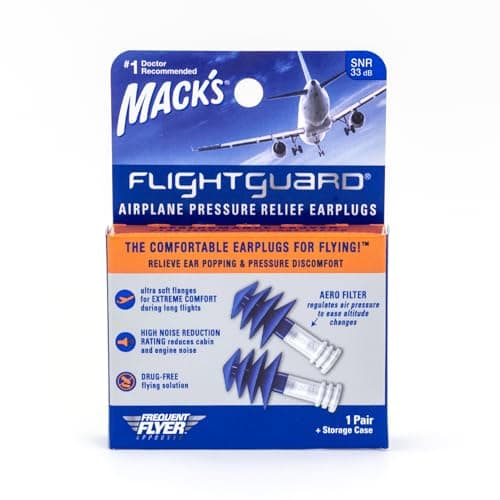 Mack’s Flightguard Airplane Pressure Relief Earplugs – 26dB NRR, 33dB SNR – Comfortable, Safe, Travel Ear Plugs for Flying Air Pressure Ear Pain, Ear Popping and Noise Reduction