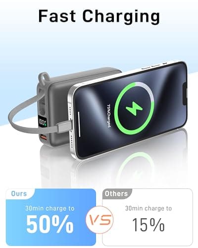 VINKO 20000mAh Fast Charging Power Bank, Small Power Bank with Built-in Cable, 22.5W USB C Portable Charger, Mini Battery Pack for iPhone 16 15 14 13 Samsung Galaxy Google Android (Gray) — view 2