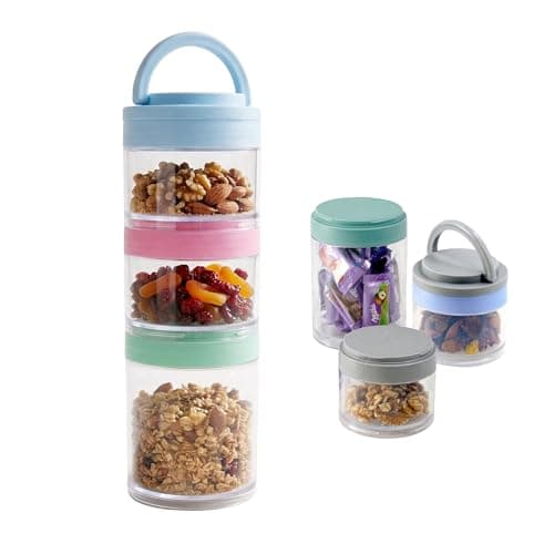 GEEZY 3 Piece Stackable Snack Pots with Lids & Removable Handle - Portable Tower, Travel Food Containers for Kids & Adults - Small Storage Jar Organisers for Nuts, Fruits, Lunch, Office, Camping