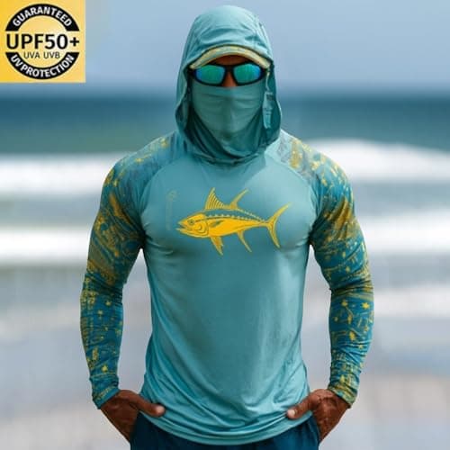 Men's Hoodies UPF 50+ Sun Protection Performance Long Sleeve T-Shirt Breathable Rash Guard Fishing Shirt Printed Designer Hooded Tops Summer Lightweight Sport Tops with Mask (Mint Green-B, M) — view 2
