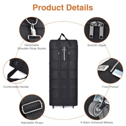 Foldable Rolling Duffel Bag with 6 Wheels, 61-185L Expandable Large Suitcase, Waterproof Collapsible Luggage, Suitcase Collapsible Rolling Travel Duffle Bag for Camping, Holiday, Black — view 6