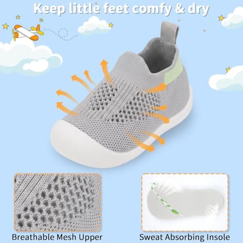 Wareet Baby First Walking Shoes Boys Girls Non-Slip Shoes Mesh Breathable Lightweight Trainers Toddler Prewalkers Soft Rubber Casual Sneakers for Indoor Outdoor Grey — view 6