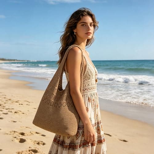 Havnix Crochet Mesh Beach Tote Bag for Women, Foldable Knit Boho Hobo Shoulder Handbag, Casual Shopping Travel Summer Holiday Bag (Khaki) — view 3