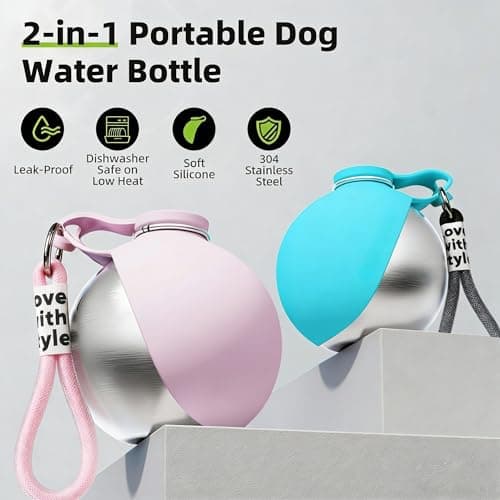 Stainless Steel Dog Water Bottle for Walking 285ml, 2-in-1 Portable Dog Water Bottle with Foldable Silicone Bowl, Feeding & Watering Supplies for Dogs, Dog Bottle for Travel and Walks (Cream) — view 6