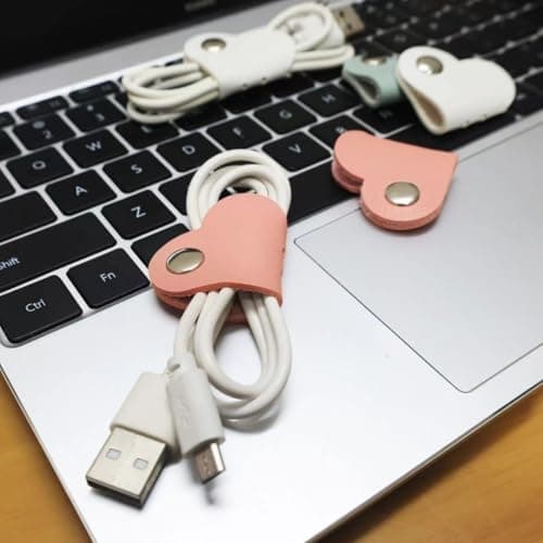 Reusable Cable Tidy Clips Heart Shaped Faux Leather Organisers, 10 Pack Snap Button Cord Holders for Headphones, Charging Cables and USB Wires, Mixed Colours — view 6