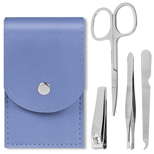LOPHE Professional Manicure Set, 4pcs Portable Nail Clippers & Eyebrow Grooming Kit, Stainless Steel Nail Care Tools with Luxurious Leather Case for Travel & Home(Blue)