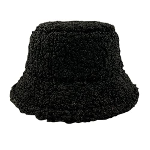 Winter Faux Fur Fuzzy Bucket Hats for Festivals Teddy Fleece Sports Hats Warm Winter Outdoor Travel Festival Gift Fisherman Hat Lightweight Outdoor Dressy Hat (Black, One Size)