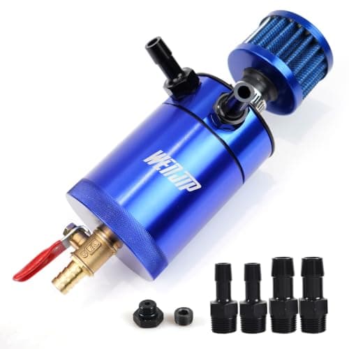 WENJTP Oil Catch Can Kit with 4 Adapters + Breather Filter Drain Valve Plug 2 Ports (1 oulet + 1 inlet) 150ml Universal Aluminum Baffled Oil Reservoir Tank Oil Separator (Blue)