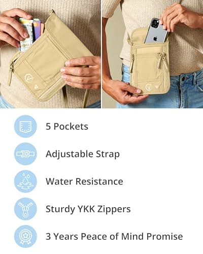 Vantamo Premium Neck Wallet for Traveling, RFID Protected Passport Bag Fits Documents, Cash and Phone, Lightweight & Consealed Travel Wallet and Document Holder for Men & Women with Adjustable Strap — view 5