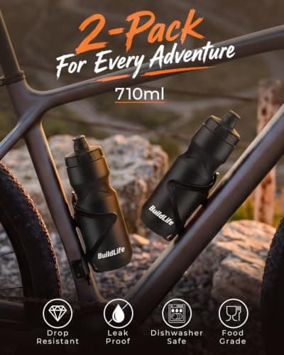 BuildLife 2 Pack Sports Water Bottle, 710ML Squeeze Water Bottle, Biking Water Bottles, BPA Free & Leakproof Cycling Bottles for Hiking, Outdoor Sports Dishwasher Safe (2pcs Black) — view 2