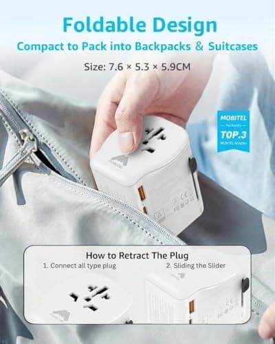 Mobitel Universal Travel Adapter Worldwide 65W USB C PD All in One International Travel Plug Adapter for UK EU USA Australia Fast Charging Travel Charger with USB C & USB A for MacBook Laptop Samsung — view 6
