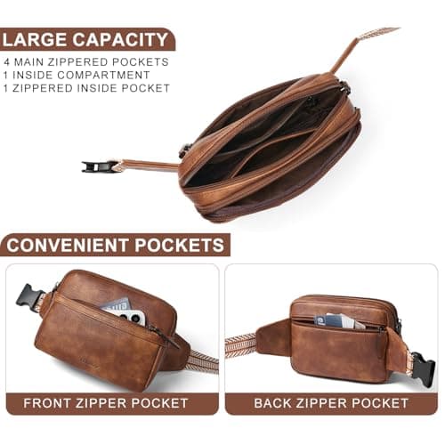 LATMAP 3L Fanny Pack Bumbags for Women Men 4-Zipper Pockets Belt Bag Sling Waist Pack Faux Leather Chest Bag Brown — view 4