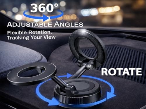 Magnetic Car Phone Holder for MagSafe, Vacuum Suction Cup Car Mount, 360° Rotatable Foldable Dashboard & Windscreen Mobile Holder for iPhone 17/16/15/14/13/12, Samsung & Android, Black — view 2
