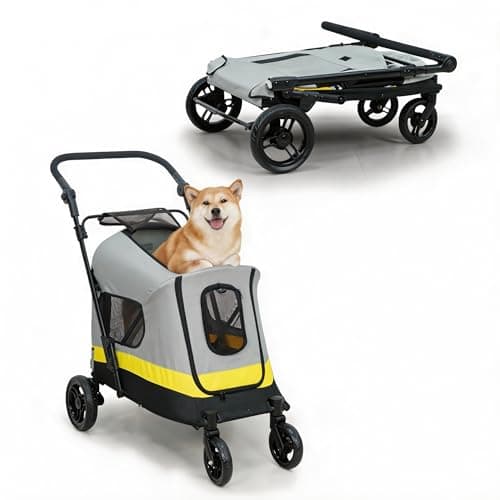 BingoPaw Foldable Medium Dog Stroller: Portable Pet Buggy Pushchair with 4 Heavy Wheels for Travel, Outdoor Walking, One-Click Folding Handle Puppy Pram with Breathable Mesh for Medium Dogs