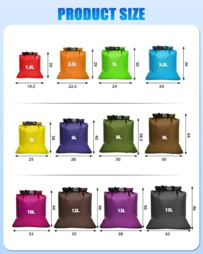 Evolpor 12 PCS Waterproof Dry Bag Set, Multi Size Dry Bags Waterproof for Kayaking Camping Hiking Fishing Boating Travel, Lightweight Waterproof Storage Bags with Roll Top Closure (Multi Colour) — view 2