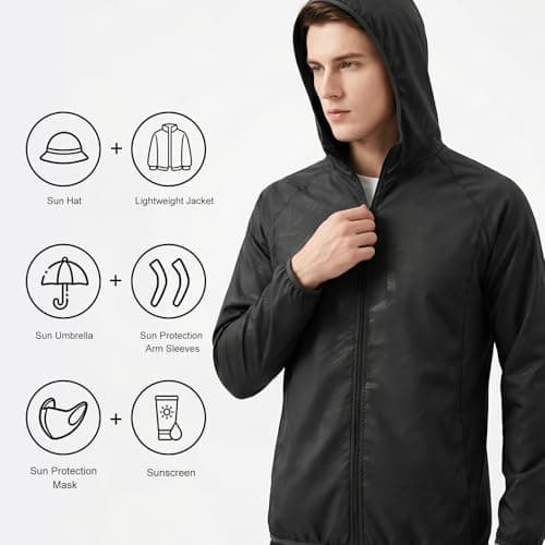 zoogobee Men's Lightweight Packable Hooded Waterproof Jacket, Windproof Sun Protection Rain Coat for Hiking Cycling Travel Running Commuting (UK, Alpha, L, Regular, Regular, Black) — view 6