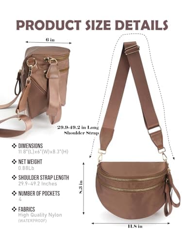 Pure Colour Crossbody Bag Bum Bag for Women,Spacious Purse Fanny Packs Belt Bag,Oversized Bum Bag, Colour Bum Bag-Coffee, 11.0 Inches X 8.6 Inches X 4.5 Inches, Casual — view 3